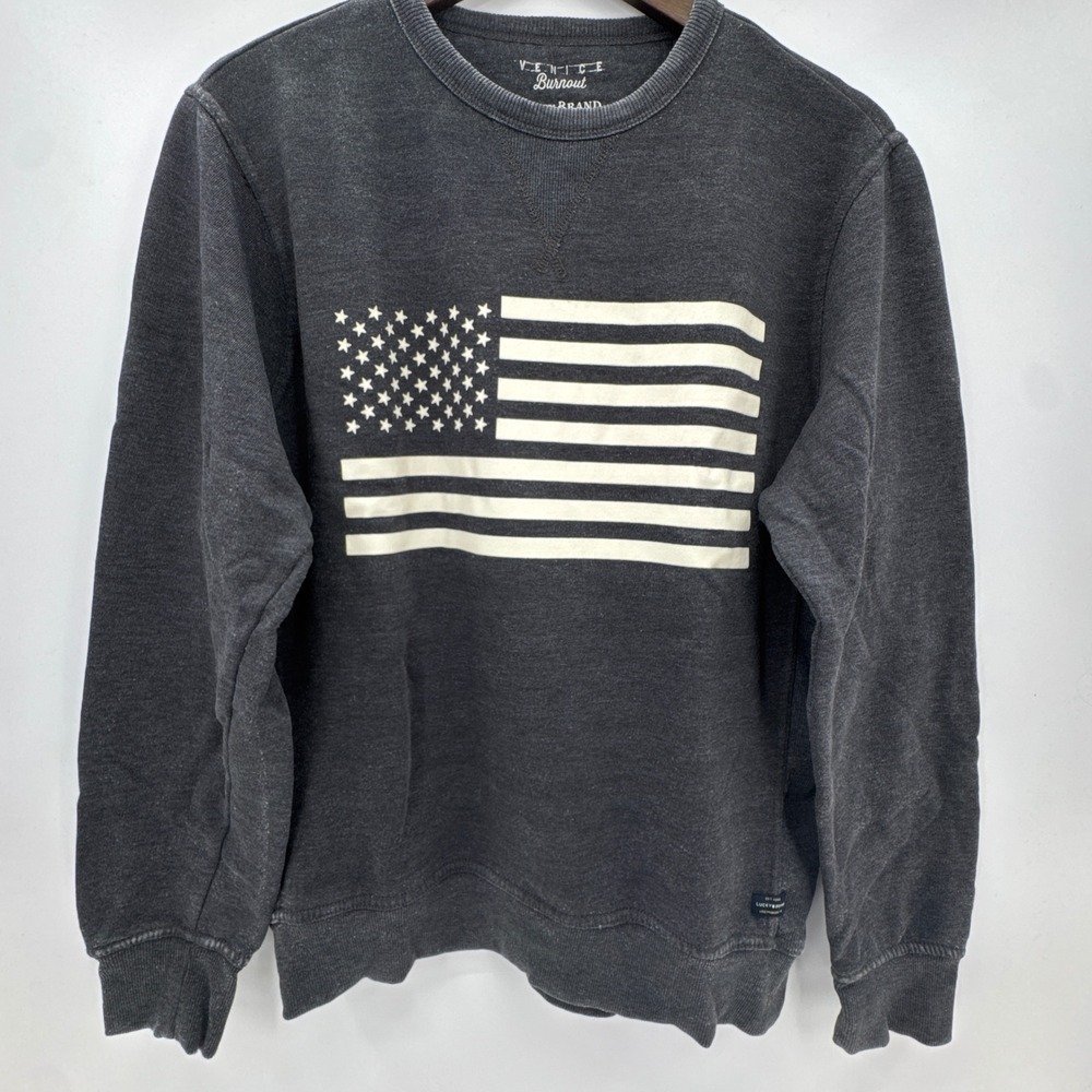 Lucky Brand Venice Burnout Sweatshirt Men Small Gray American Flag Print V-Notch